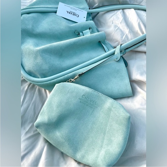Cheval Firenze Seafoam Mint Suede Tote Made In Italy Drawstring Bag w/ Pouch NWT - Picture 7 of 11